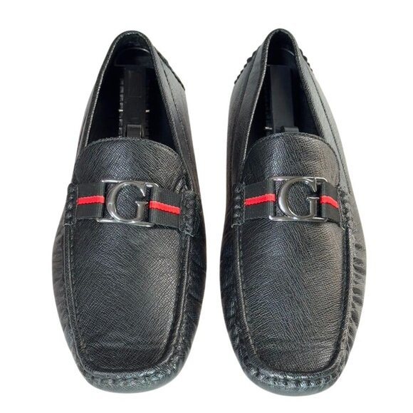 Mens Guess Black Loafers With Red Stripe & Metal G Logo Size 11 - Picture 2 of 10